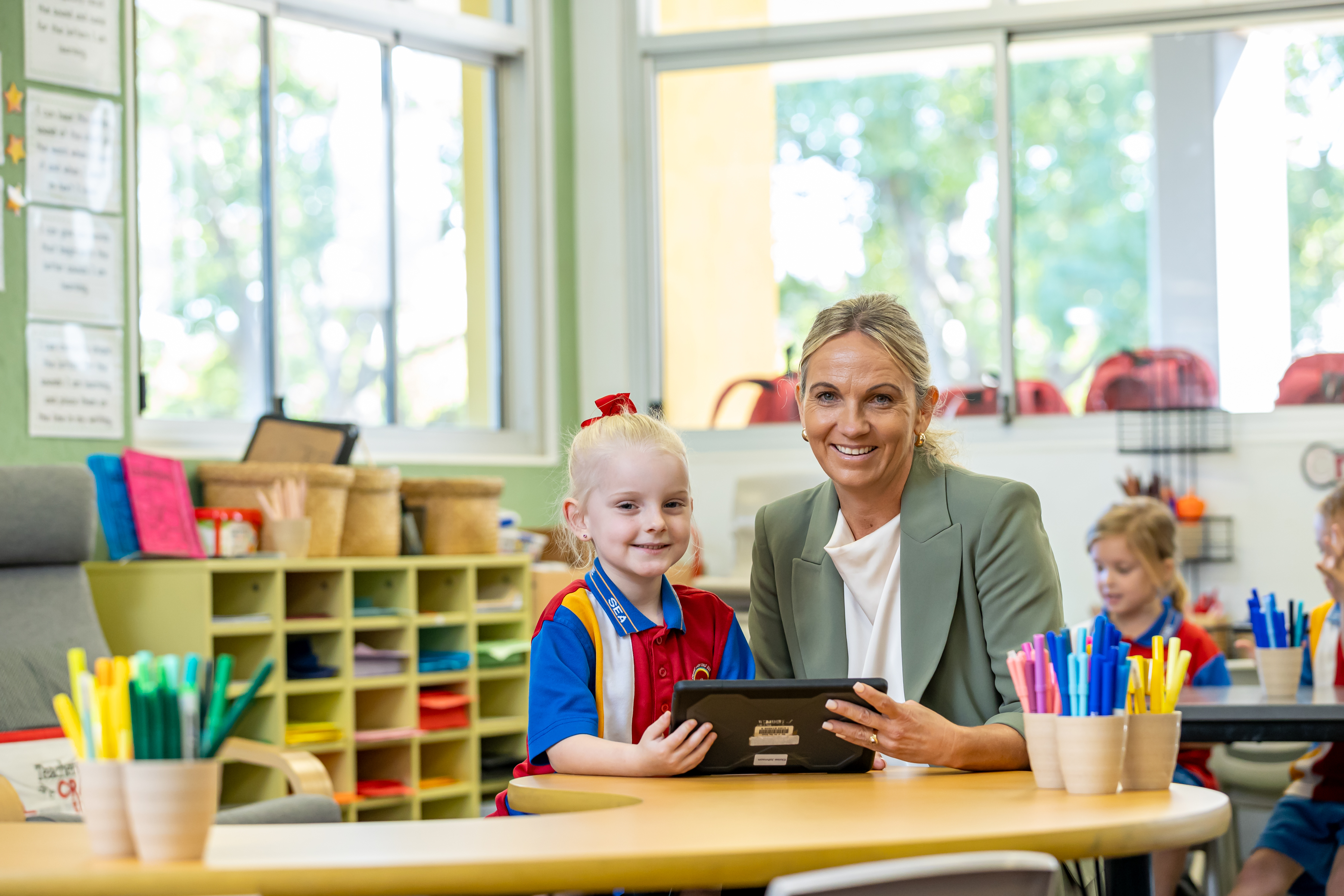 Prep teacher Leisa Henderson and with her student Nevaeh Gold. ©Brisbane Catholic Education, Star of the Sea Primary School, Cleveland (2024).